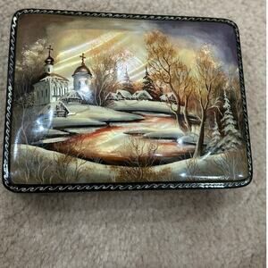 Russian hand painted black lacquer box winter landscape